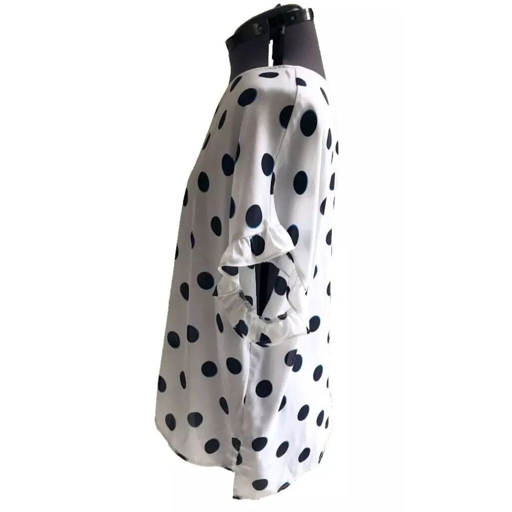 Worthington Flutter Cap Sleeve Round Neck Navy Polka Dot Blouse, Size L - Picture 3 of 15